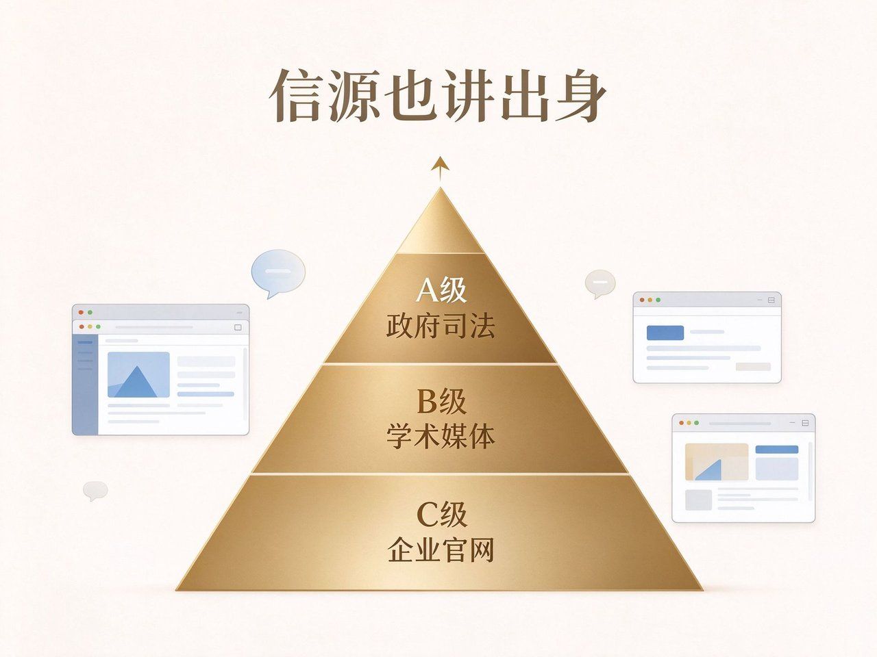 信源等级金字塔图解:自上而下四档分别为政府与司法等法定主体(A级)、学术论文与主流媒体原创报道(B级)、企业官网与产品手册(C级)、匿名来源与低质聚合站(D级),用来说明自家官网属C级、需其他信源交叉佐证