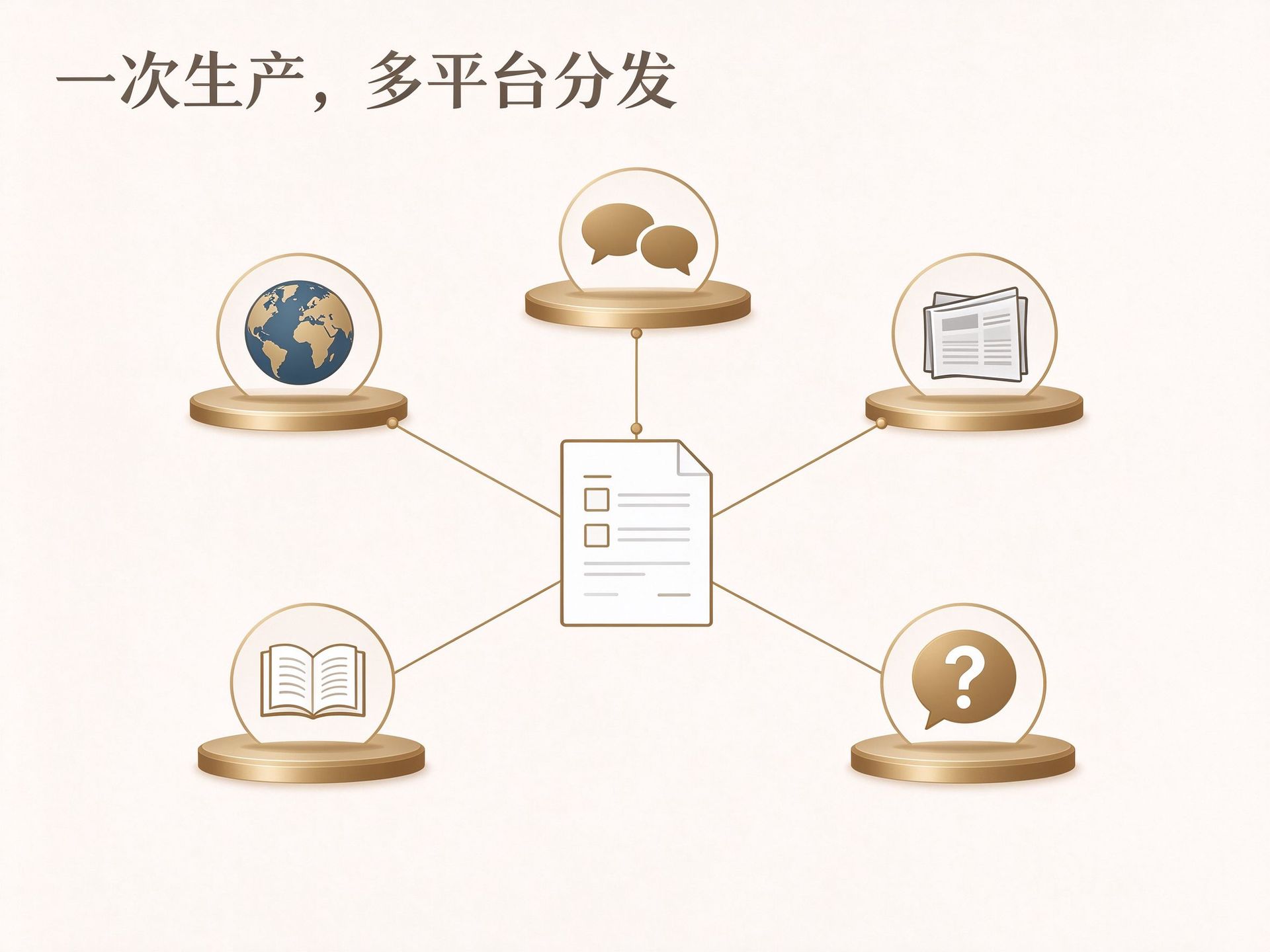 一次生产多平台分发的图解:同一份内容经一次生产,分发到官网、公众号、头条号、百家号、知乎五个出口,表达多信源交叉来自同一套事实