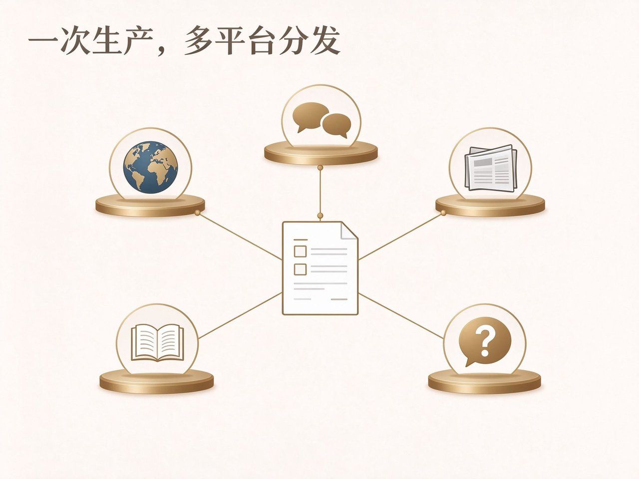 一次生产多平台分发的图解:同一份内容经一次生产,分发到官网、公众号、头条号、百家号、知乎五个出口,表达多信源交叉来自同一套事实