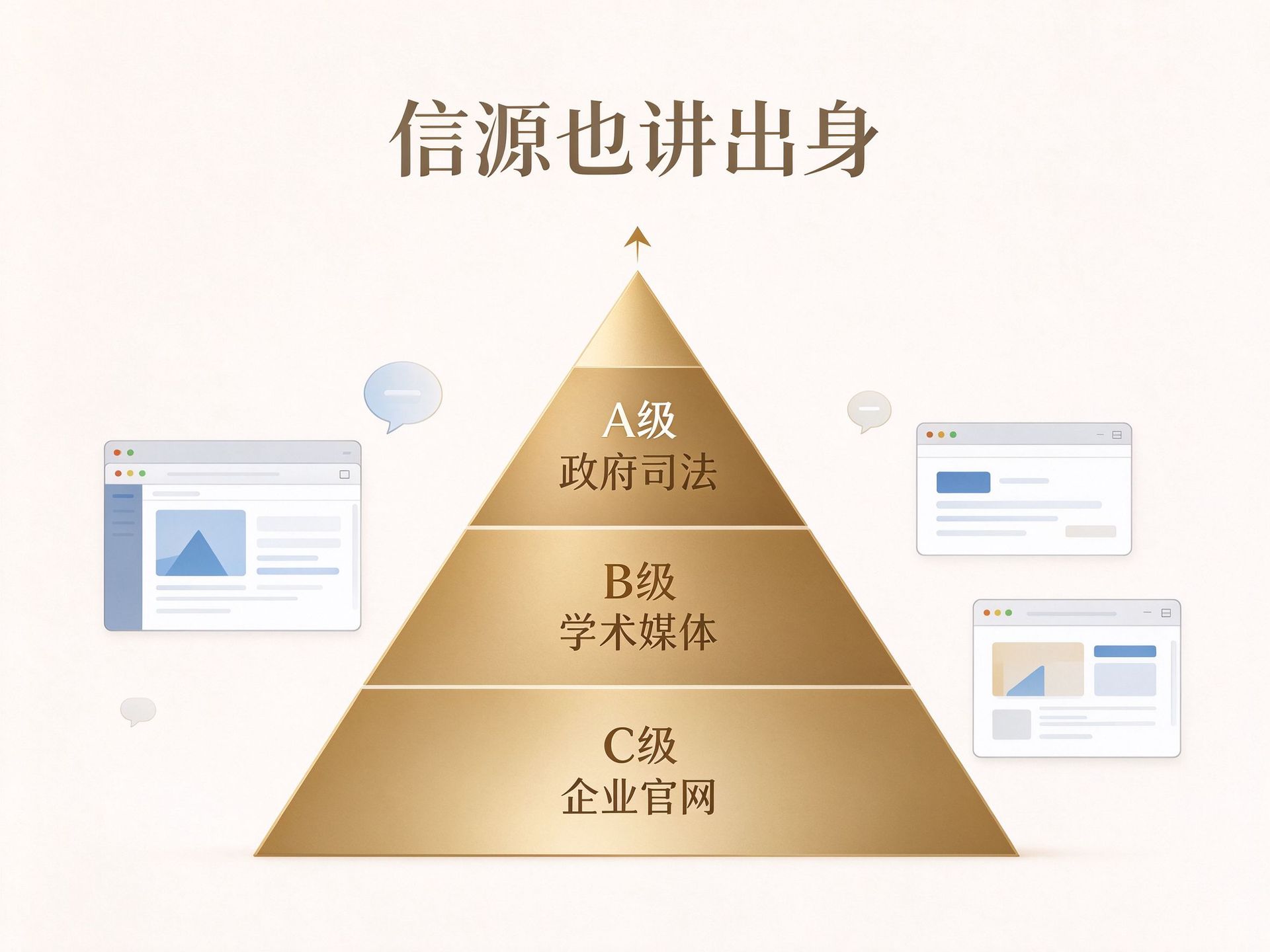 信源等级金字塔图解:自上而下四档分别为政府与司法等法定主体(A级)、学术论文与主流媒体原创报道(B级)、企业官网与产品手册(C级)、匿名来源与低质聚合站(D级),用来说明自家官网属C级、需其他信源交叉佐证