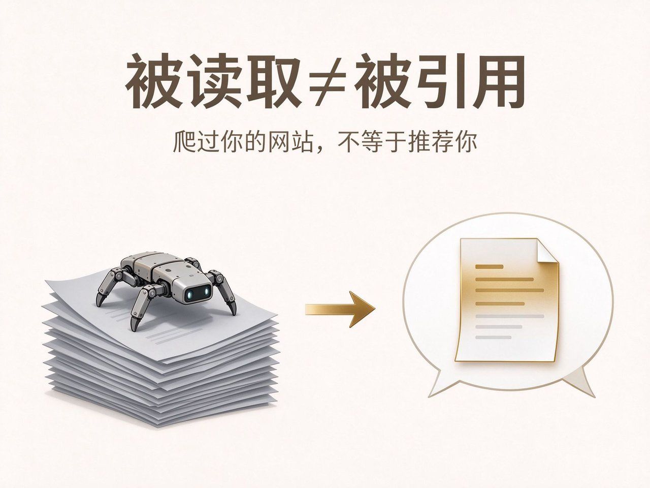 被读取与被引用的对比图解:左边是爬虫读取网站页面,右边是AI在答案中推荐品牌,说明爬过网站不等于被推荐